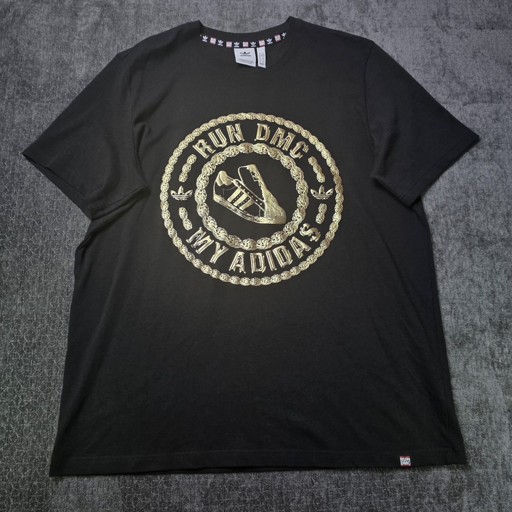 Adidas RUN DMC T Shirt Mens XL Black Superstar Gold Big Logo Hip Hop Rap 80s 90s